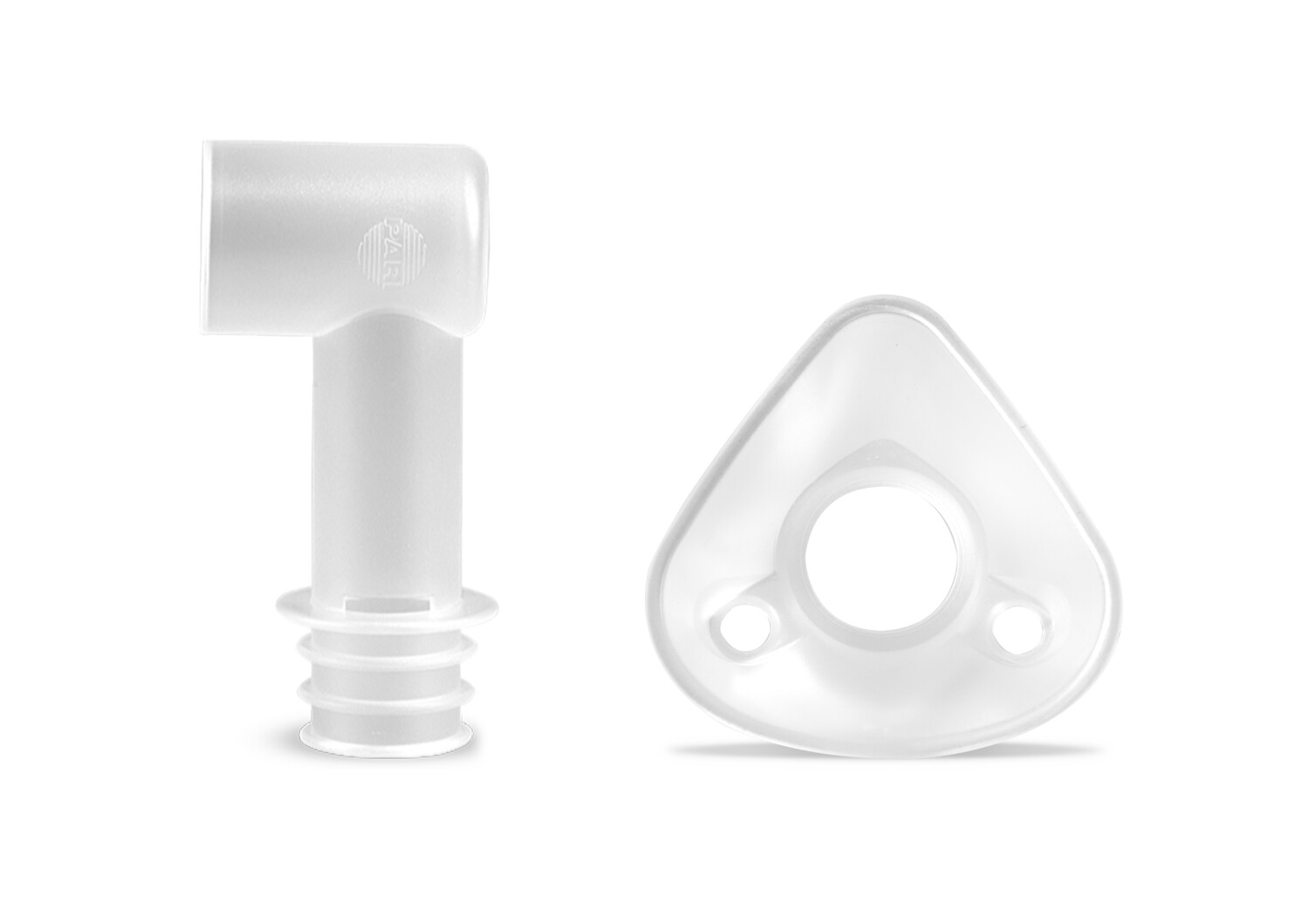 Två vita plastkomponenter för medicinskt bruk, en L-formad, en triangulär med ett centralt hål, på en vit bakgrund.