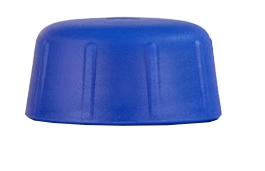 Blått plastlock upp och ner på en vit bakgrund.