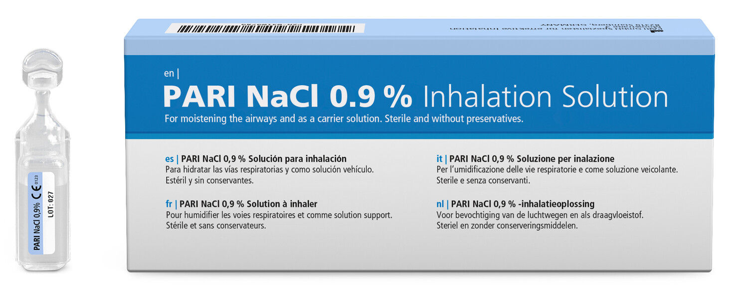 PARI NaCl 0,9 % inhalationslösning för luftvägsmjukgörande, steril och konserveringsfri, förpackning och flaska.