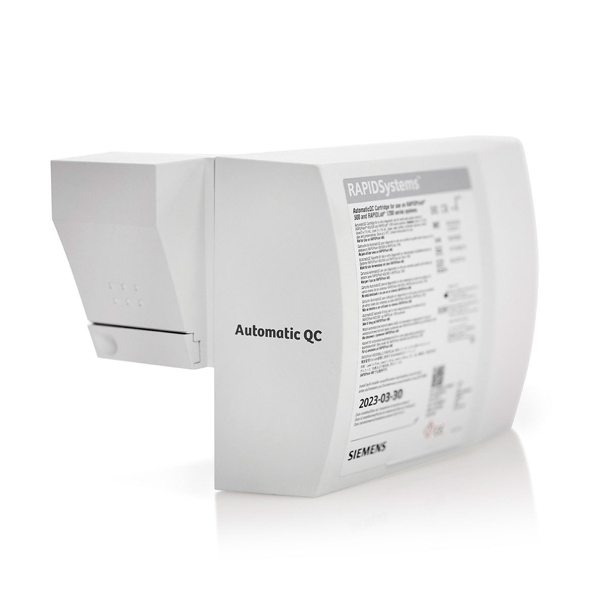 Vitt Siemens automatiskt QC-verktyg märkt RAPIDSystems med informationsetikett på sidan, isolerat på vit bakgrund.