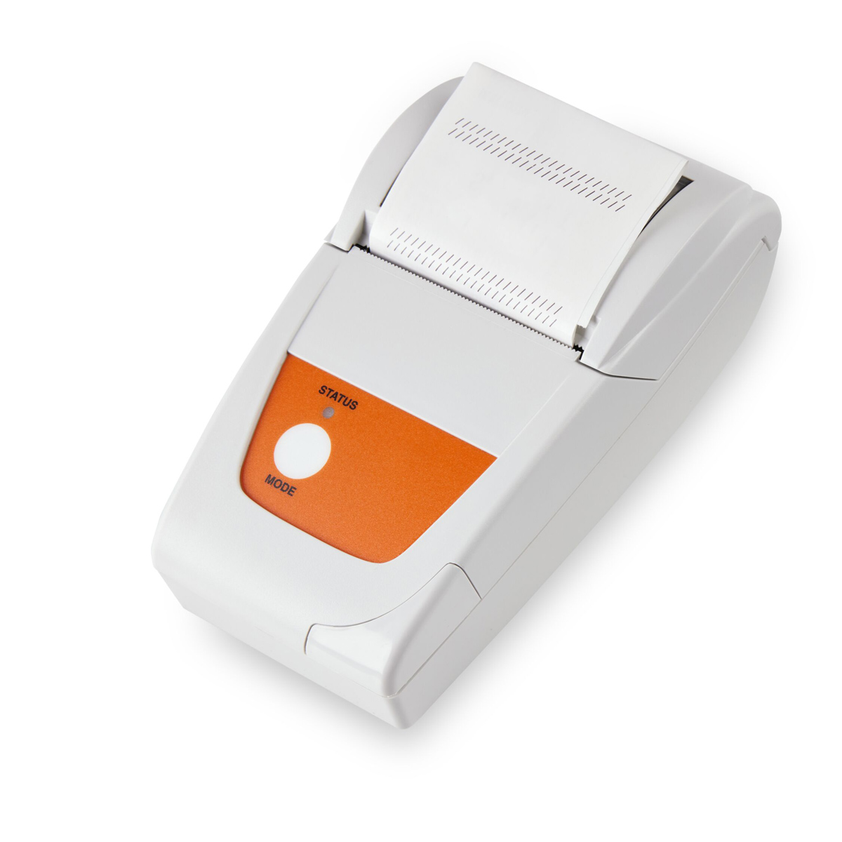 Vit och orange portabel kvittoskrivare med pappersrulle, av/på-knapp och statusindikator.
