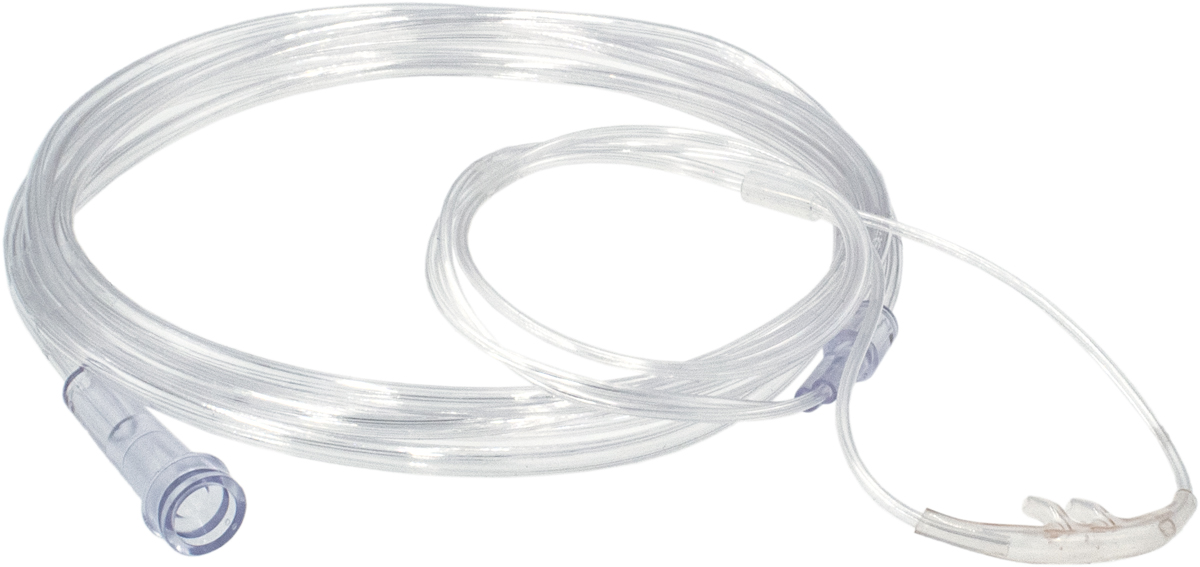 Klar näs-syrekanula med nässpetsar och koppling, lindad på en vit bakgrund.