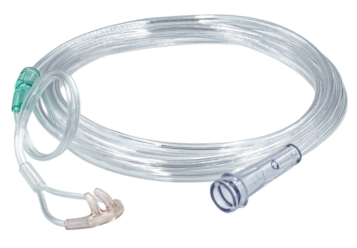 Klar näsgrimma med nästipp och kontakter, hoprullad på vit bakgrund.