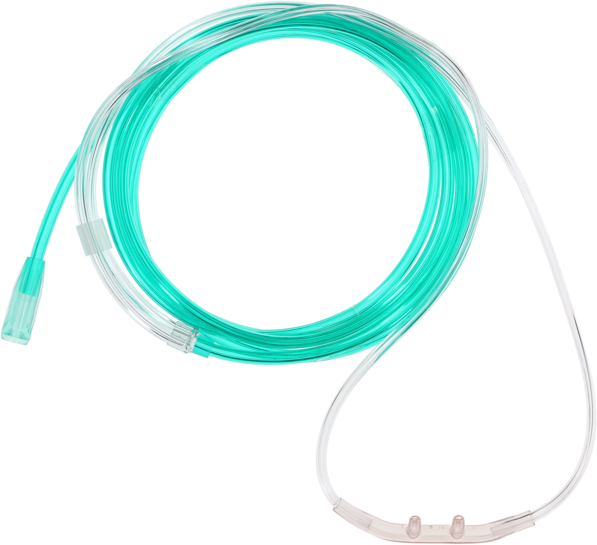 Klar näs-oxygenkanyl med grön slang som är ringlad, används för att ge extra syre.