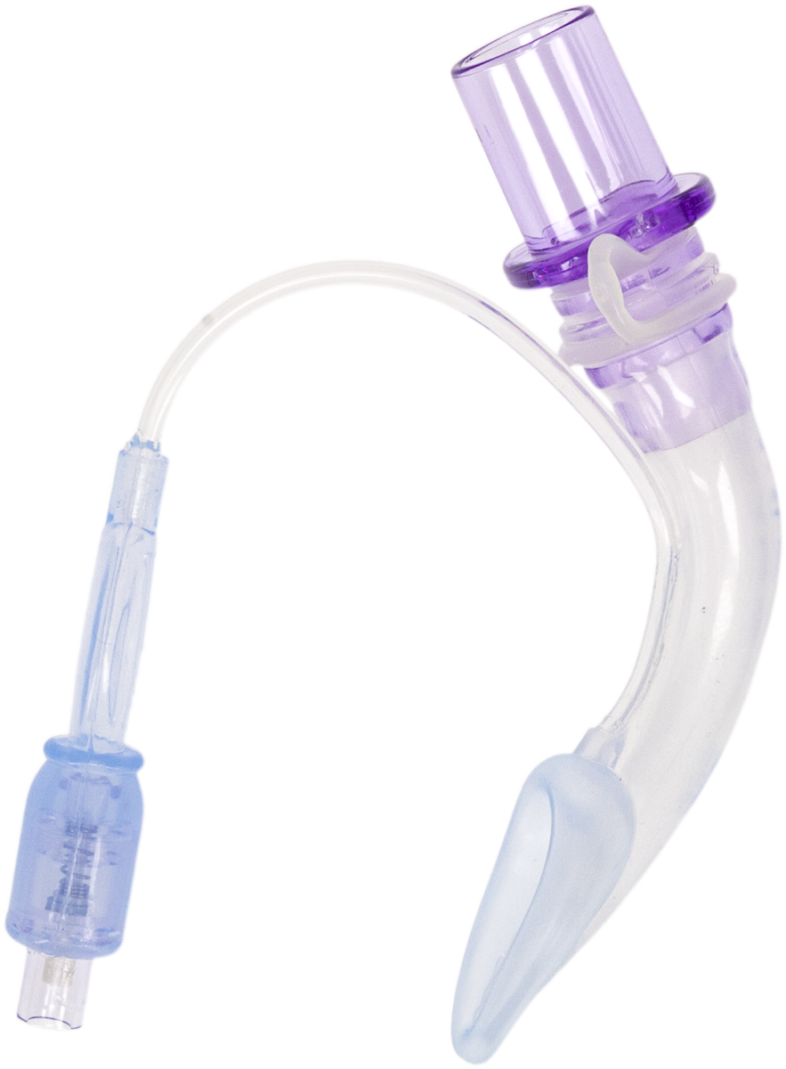 En medicinsk larynxficka med en lila kontakt och klar böjd tub med en uppblåsbar manschett.