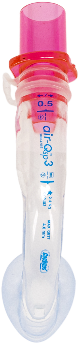 Genomskinlig medicinsk luftvägsapparat med rosa topp och blå text, används för luftvägshantering.