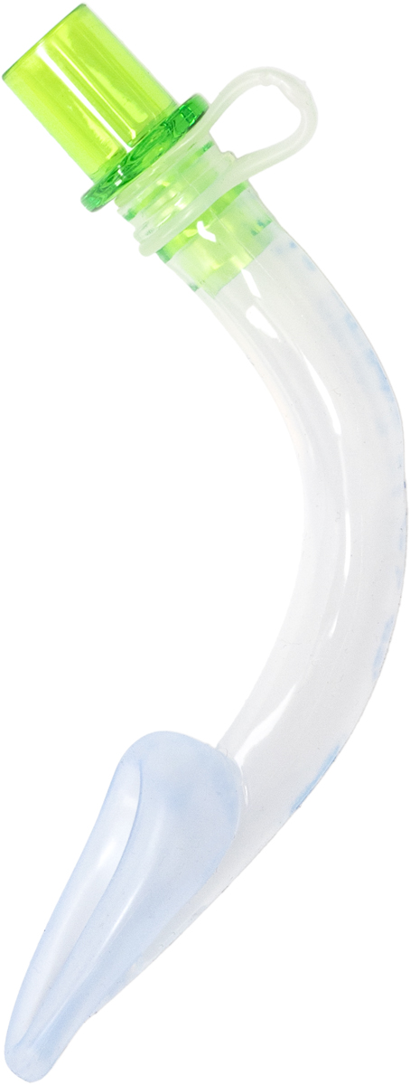 Ett böjt, genomskinligt medicinskt luftvägsrör med en grön koppling och blå spets, isolerat på en vit bakgrund.