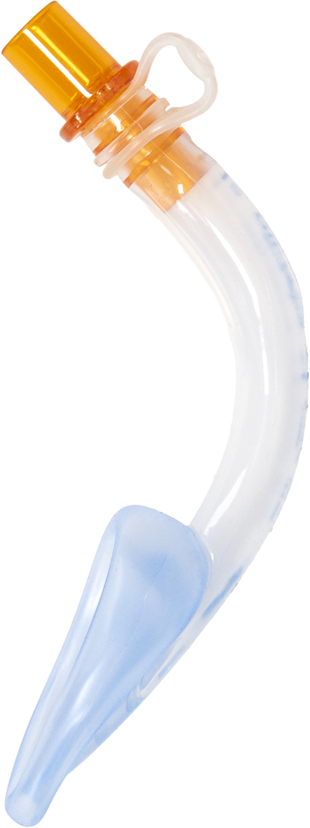 En böjd, genomskinlig plastmedicinsk luftvägsanordning med en orange kontakt och en blå mjuk ände.