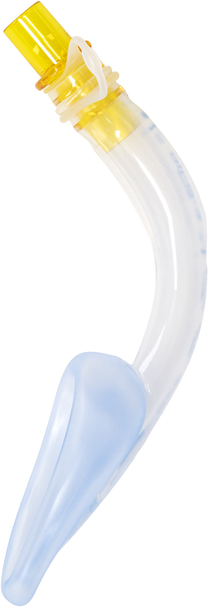 Ett klart böjt plastmedicinskt luftvägsrör med en gul kontakt och en blå mjuk spets.