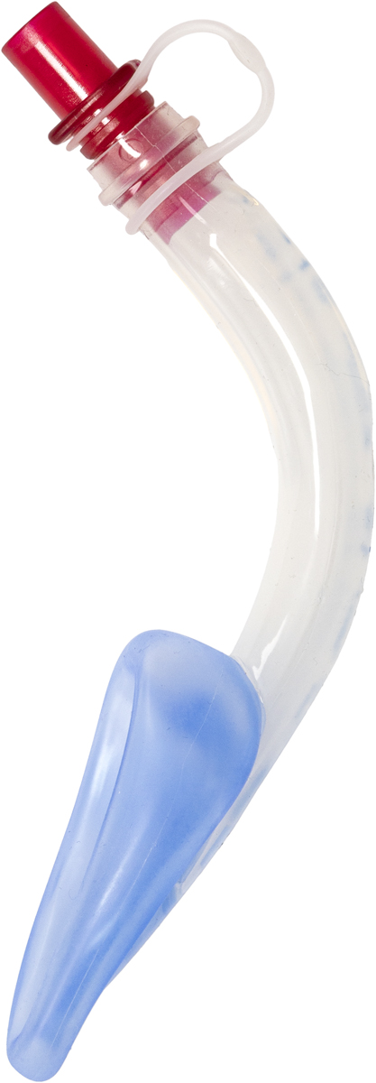 Ett böjt, klart plastmedicinskt luftvägsrör med en blå spets och en röd kontakt i änden.