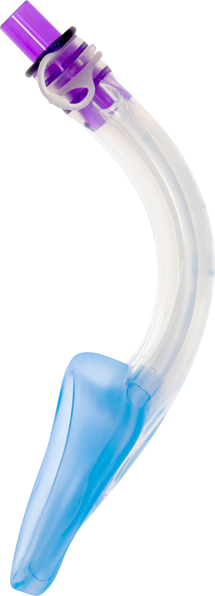 Böjd klar plastlarynxmask med blå och lila komponenter, används för medicinsk luftvägshantering.