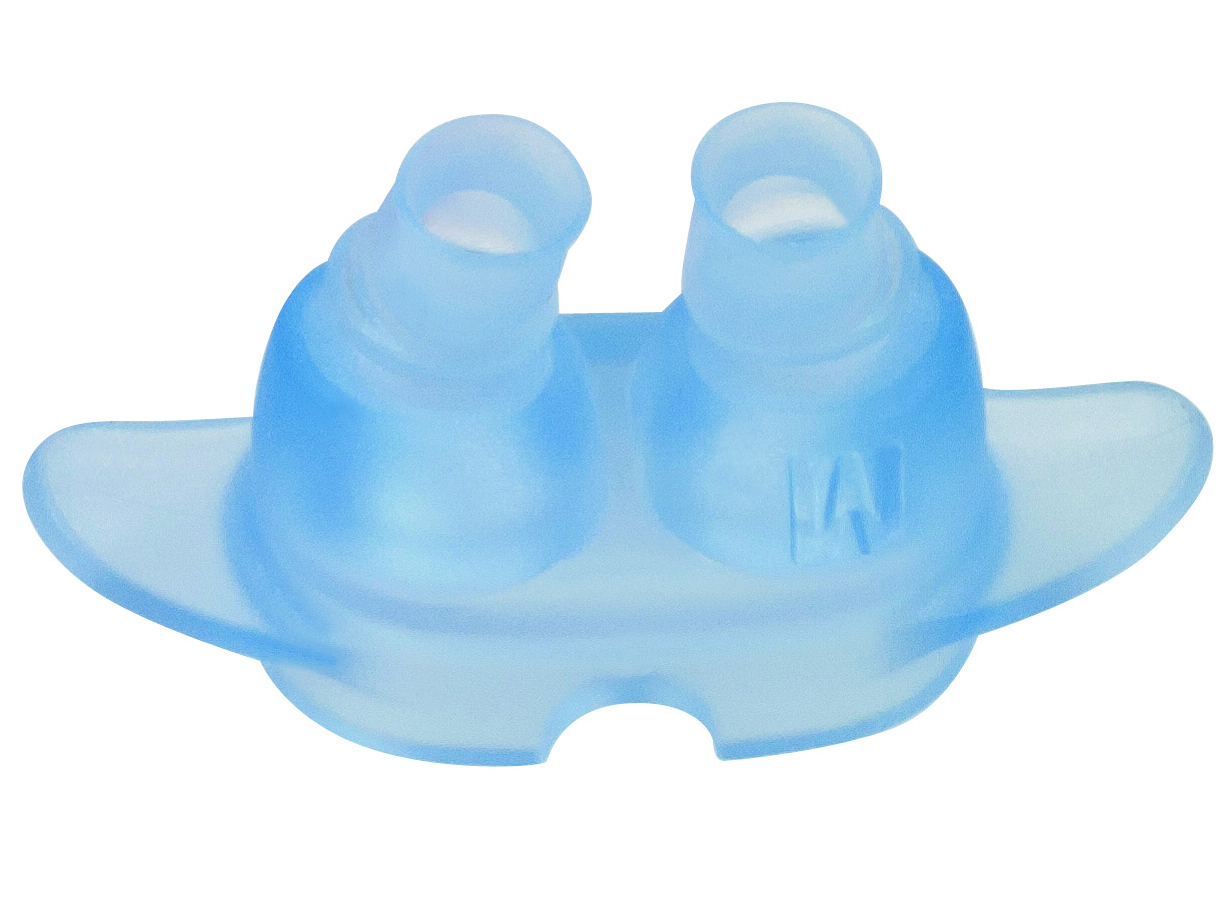 Blå silikonnäskudda med två näsborrsinsatser, designad för CPAP eller respiratorisk terapi.