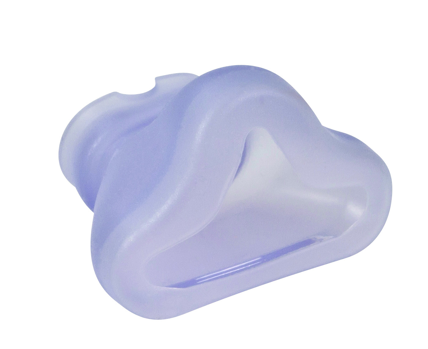 Lila silikonkudde för näsmaske för CPAP eller sömnapnéterapi, visas på vit bakgrund.