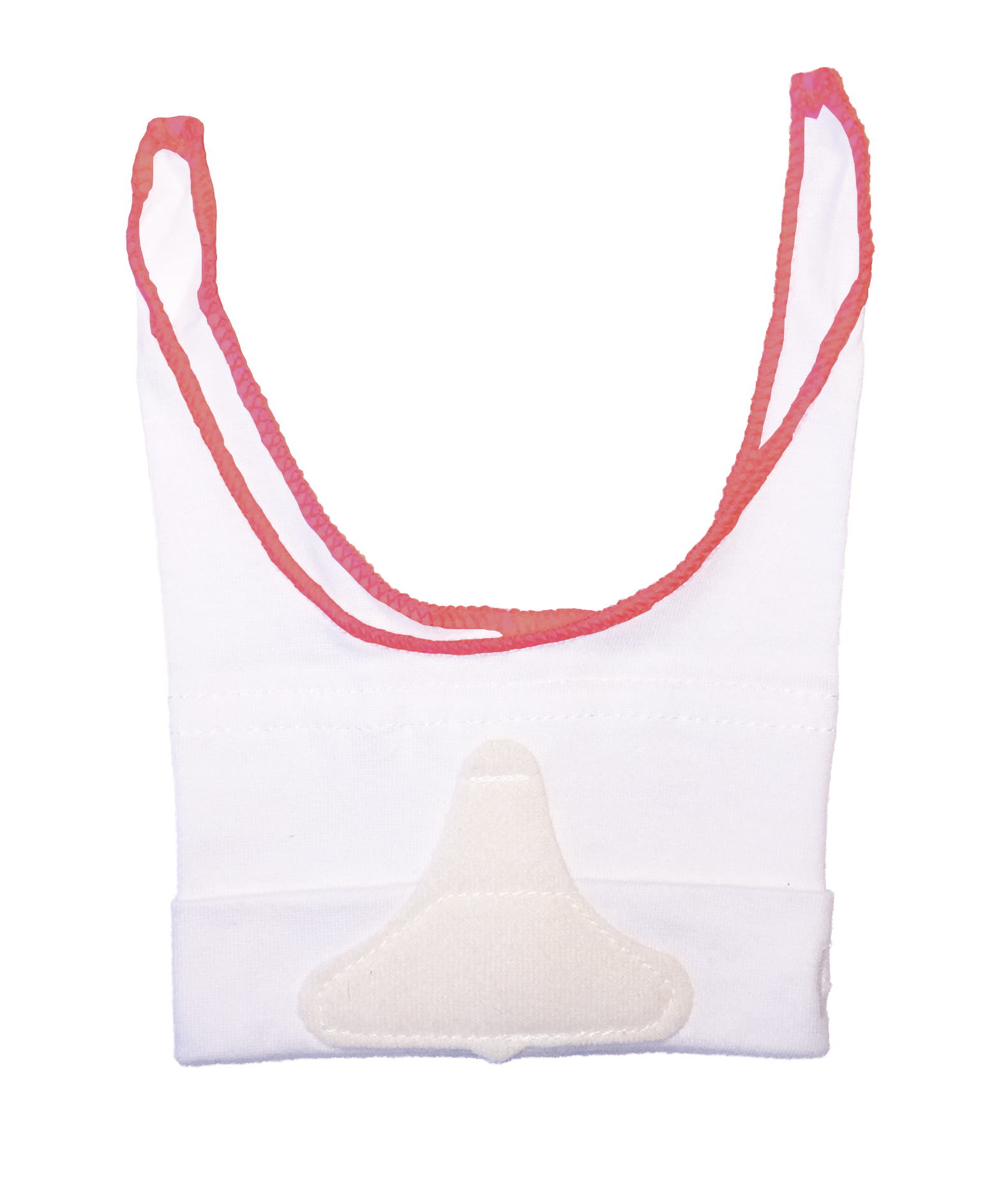 Vitt tygstycke med röd kant, två öronband och ett vadderat område i mitten, som liknar en medicinsk ansiktsmask.