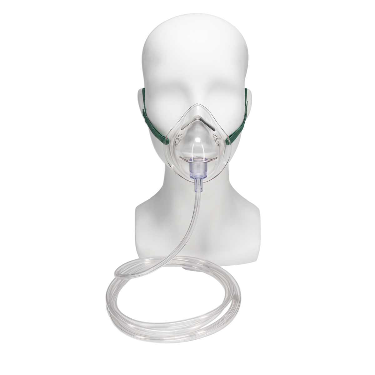 En syrgasmask med slang sitter på ett vitt skyltdockshuvud, fotograferad framifrån.