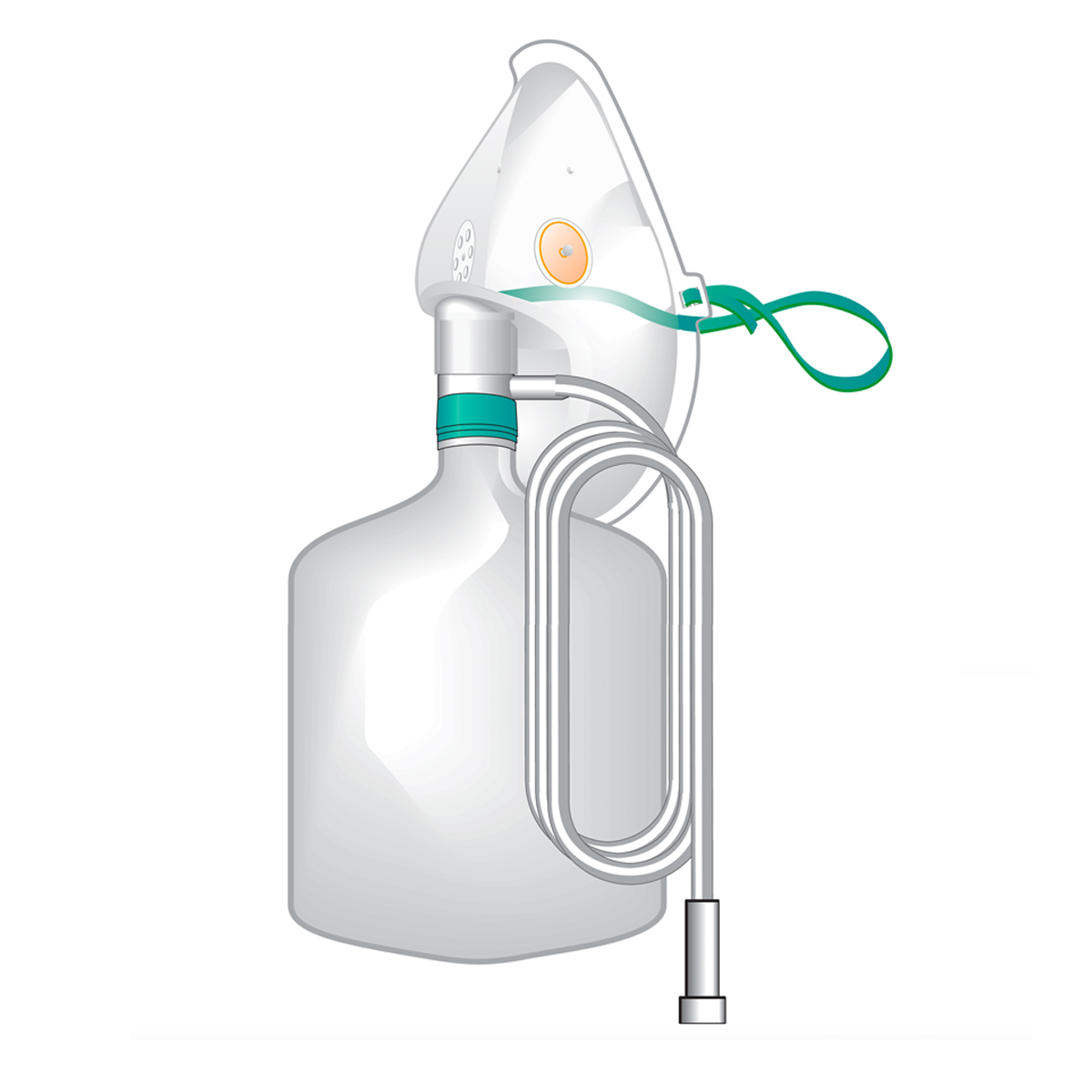 Illustration av en medicinsk nebulisator med mask, slang och ett medicinrum på en vit bakgrund.