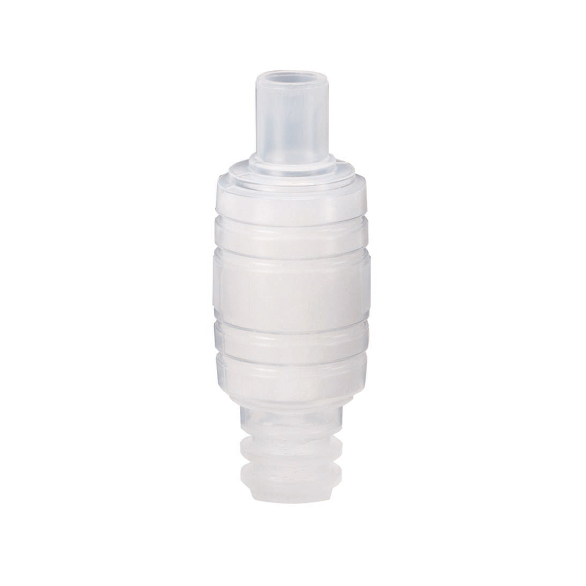 En genomskinlig plastventil med cylindrisk form, mot vit bakgrund.