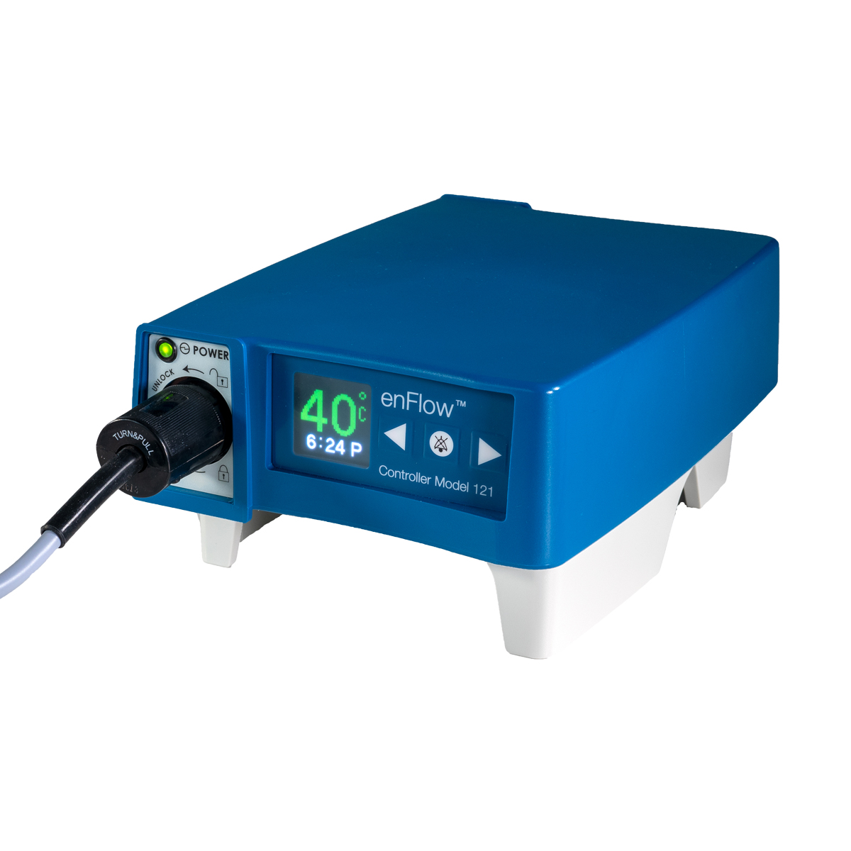 Blå enFlow-medicinsk apparat med digital display som visar 40 °C, strömbrytare och kabel ansluten på vänster sida.