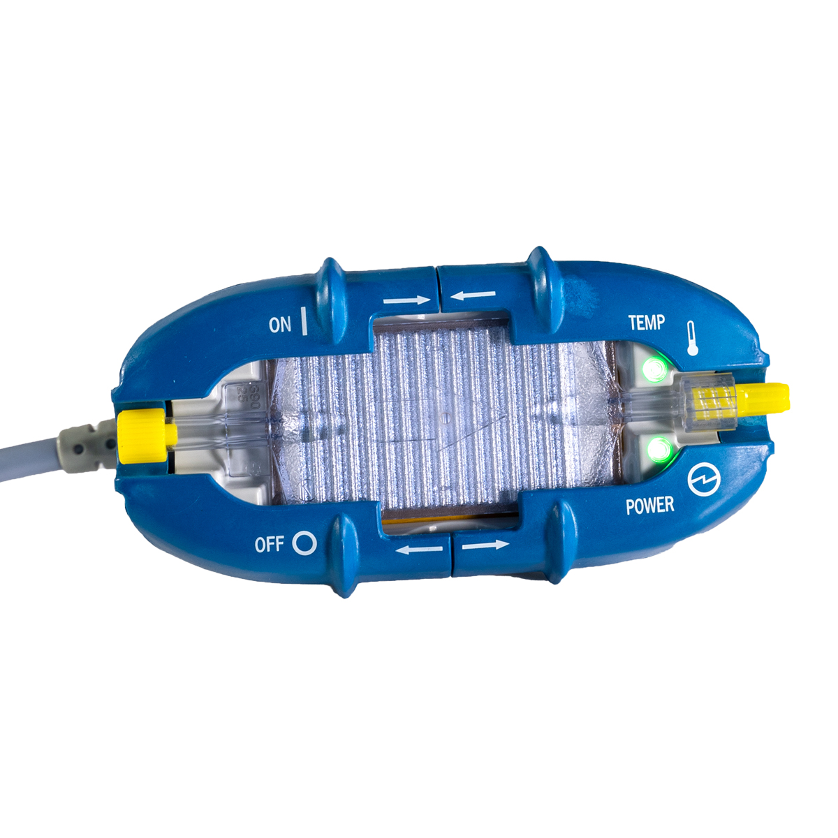 Blå medicinsk apparat med tydligt centralt fönster, gula portar, ström- och temperaturindikatorer samt PÅ/AV-strömbrytare.