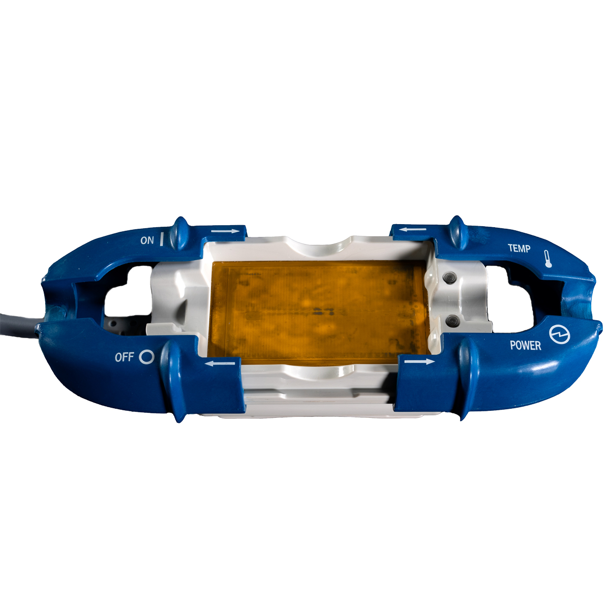 Blå och vit medicinsk apparat med en gul panel, märkt ON, OFF, TEMP och POWER, isolerad på en vit bakgrund.