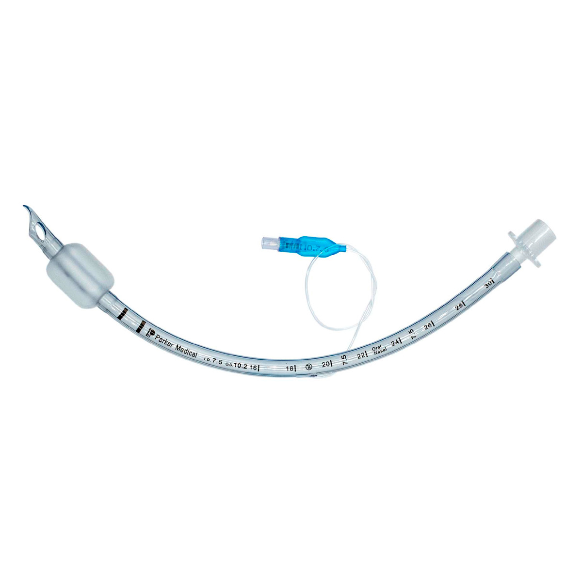 En genomskinlig medicinsk endotrakealtub med böjd form, uppblåsningsmanschett och blå pilotballong.