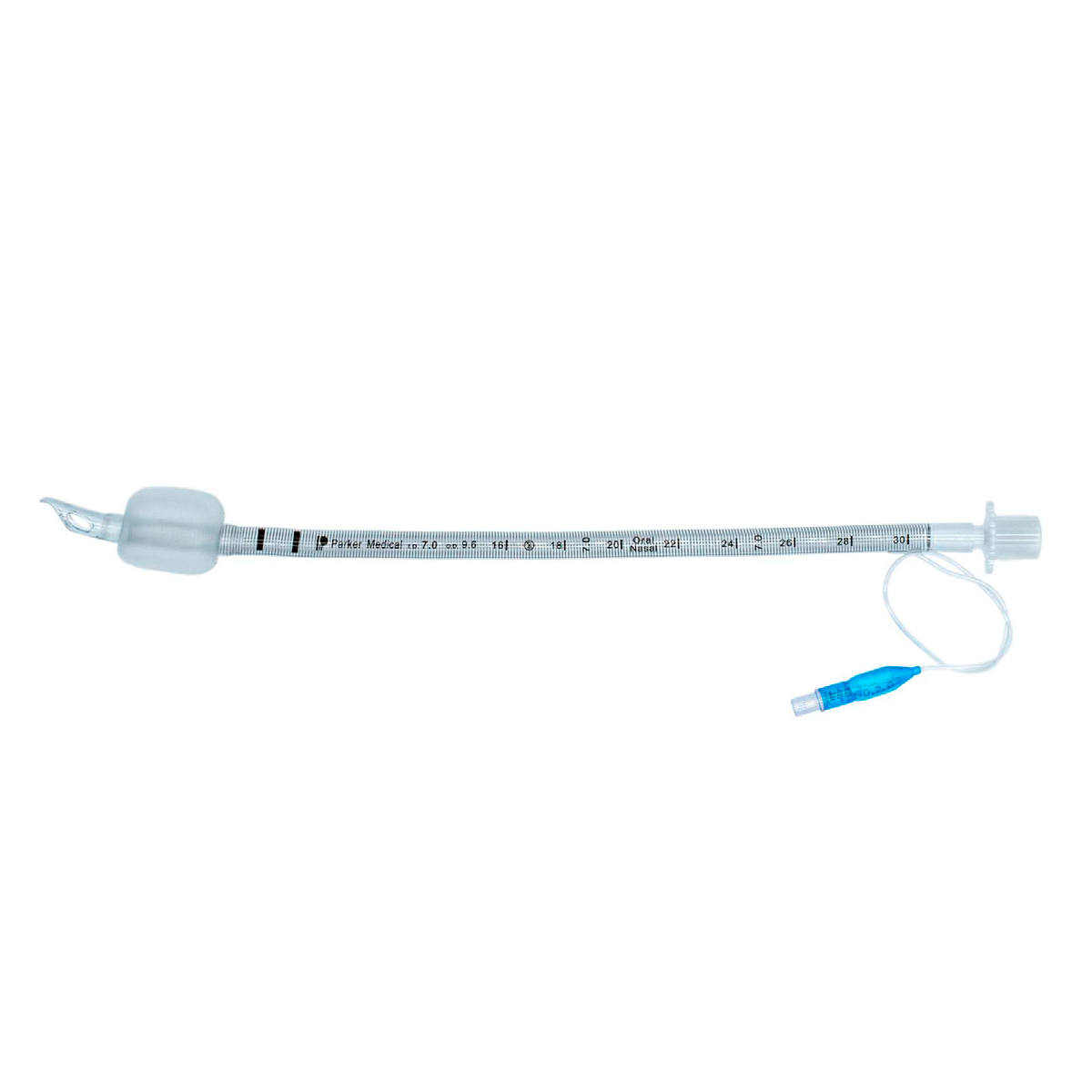 Endotrakealtub med ballong och blå pilotballong på vit bakgrund.