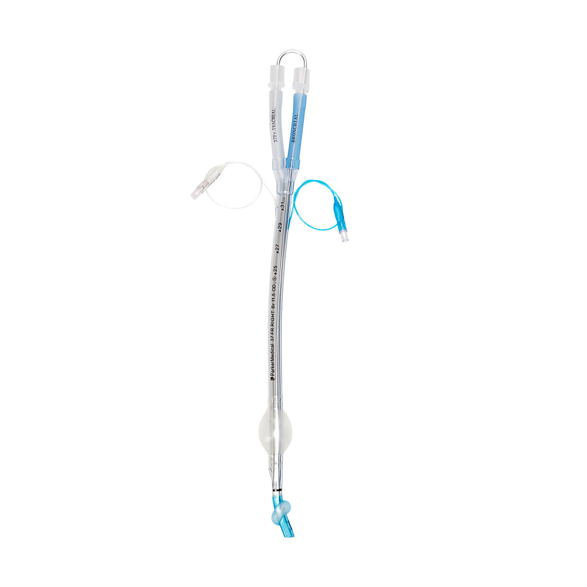 Medicinsk endotrakealtub med blå anslutningar och uppblåsbar kuff, mot vit bakgrund.