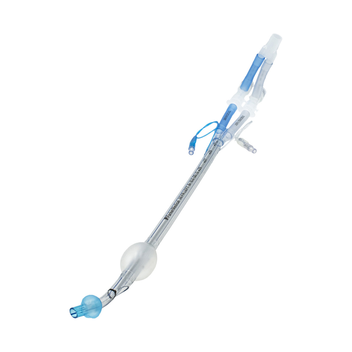 Medicinsk endotrakeal tub med blå och genomskinliga delar, används för luftvägshantering vid intubation.