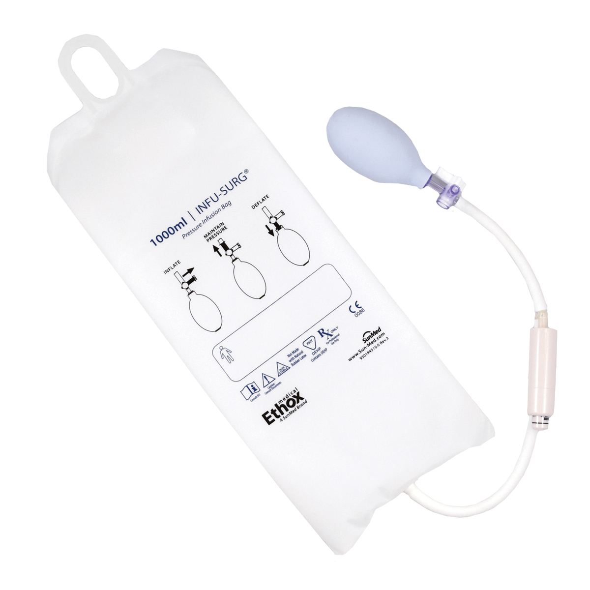Tryckinfusionspåse i plast med pump och slang, märkning "1000ml INFU-SURG Ethox" och symboler.