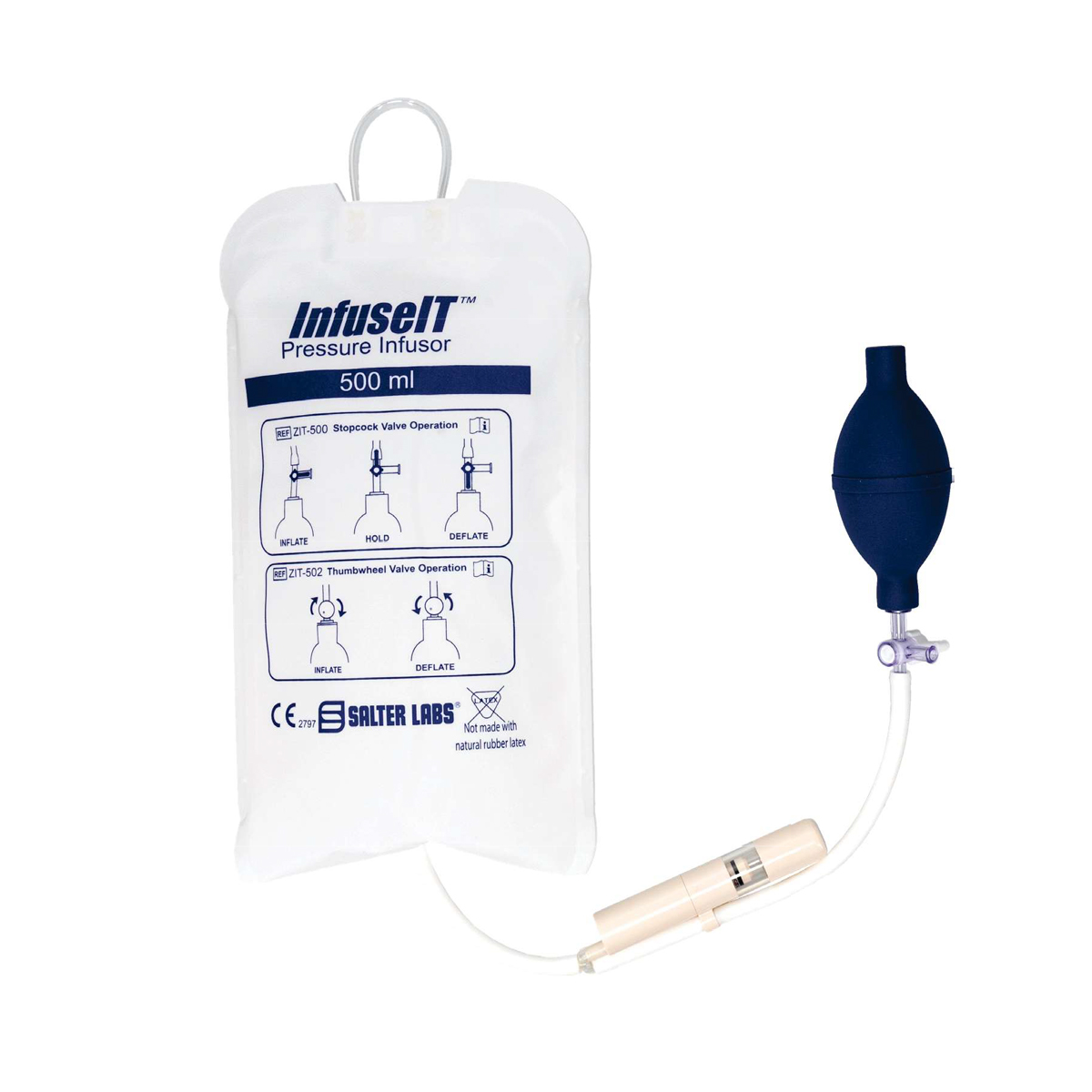 Transparent tryckinfusionspåse med blå pump och slang, etikett med text och instruktioner, volym 500 ml.