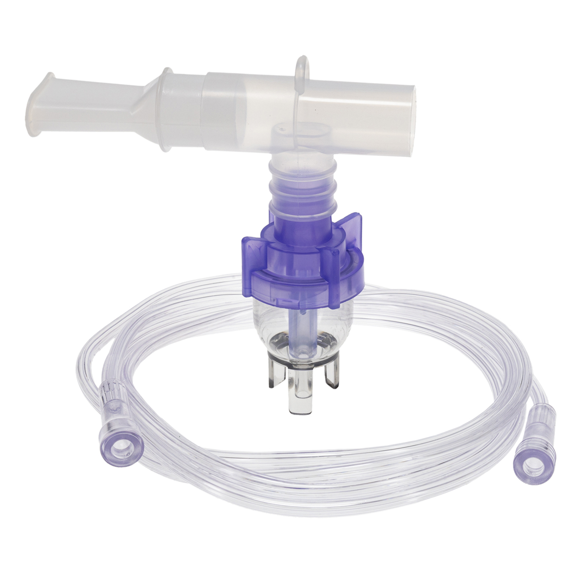En nebulisatormunstycke med slang i genomskinlig plast och lila detaljer mot vit bakgrund.
