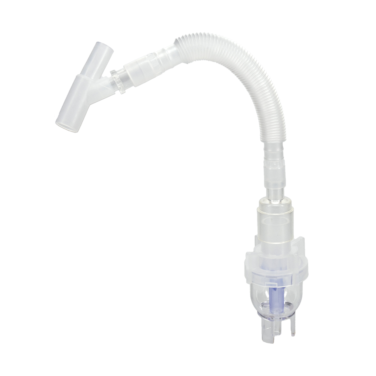Medicinsk nebulisator med slang och T-formad anslutning mot vit bakgrund.