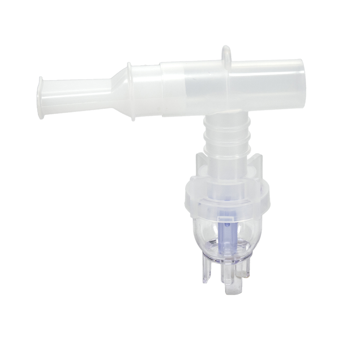 Genomskinlig nebulisatordel av plast mot vit bakgrund.