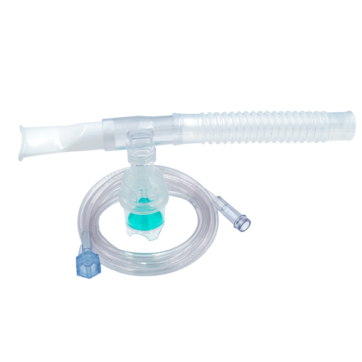 Andningsslang med munstycke och förgrenare för medicinsk användning, vit och transparent plast.