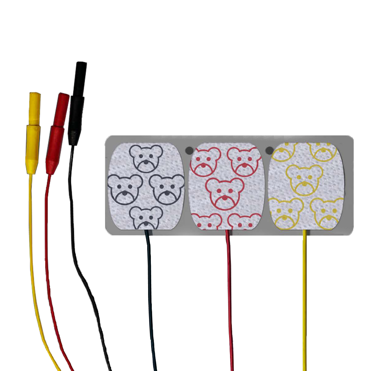 Tre EKG-elektroder med färgglada kablar och nallar, placerade på en vit bakgrund.