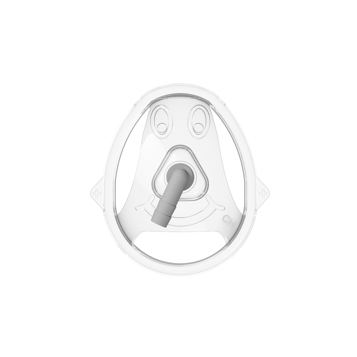 Transparent andningsmask för barn med ett leende ansikte och anslutning framtill, på vit bakgrund.