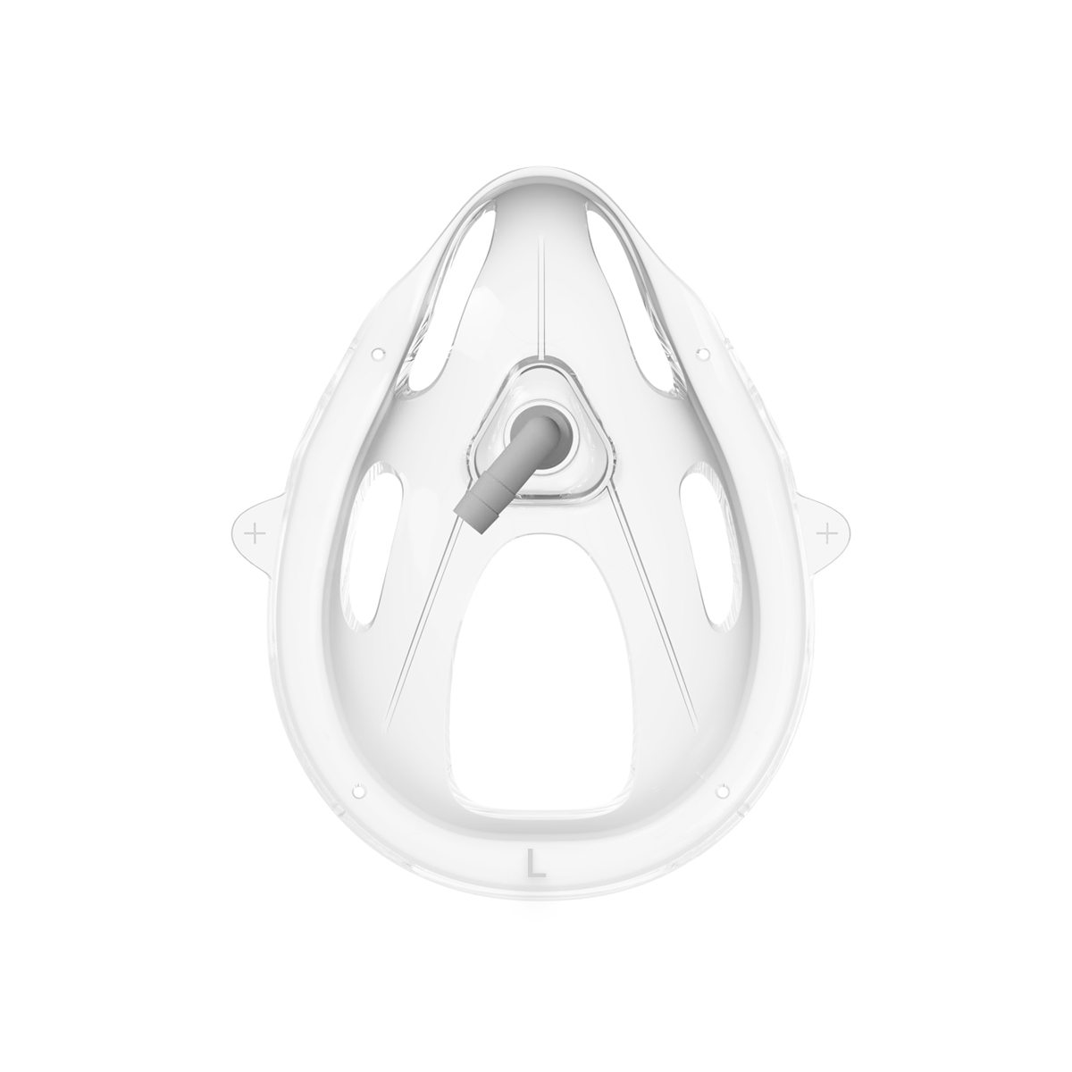 Genomskinlig andningsmask i plast med ventil, sedd ovanifrån mot vit bakgrund.