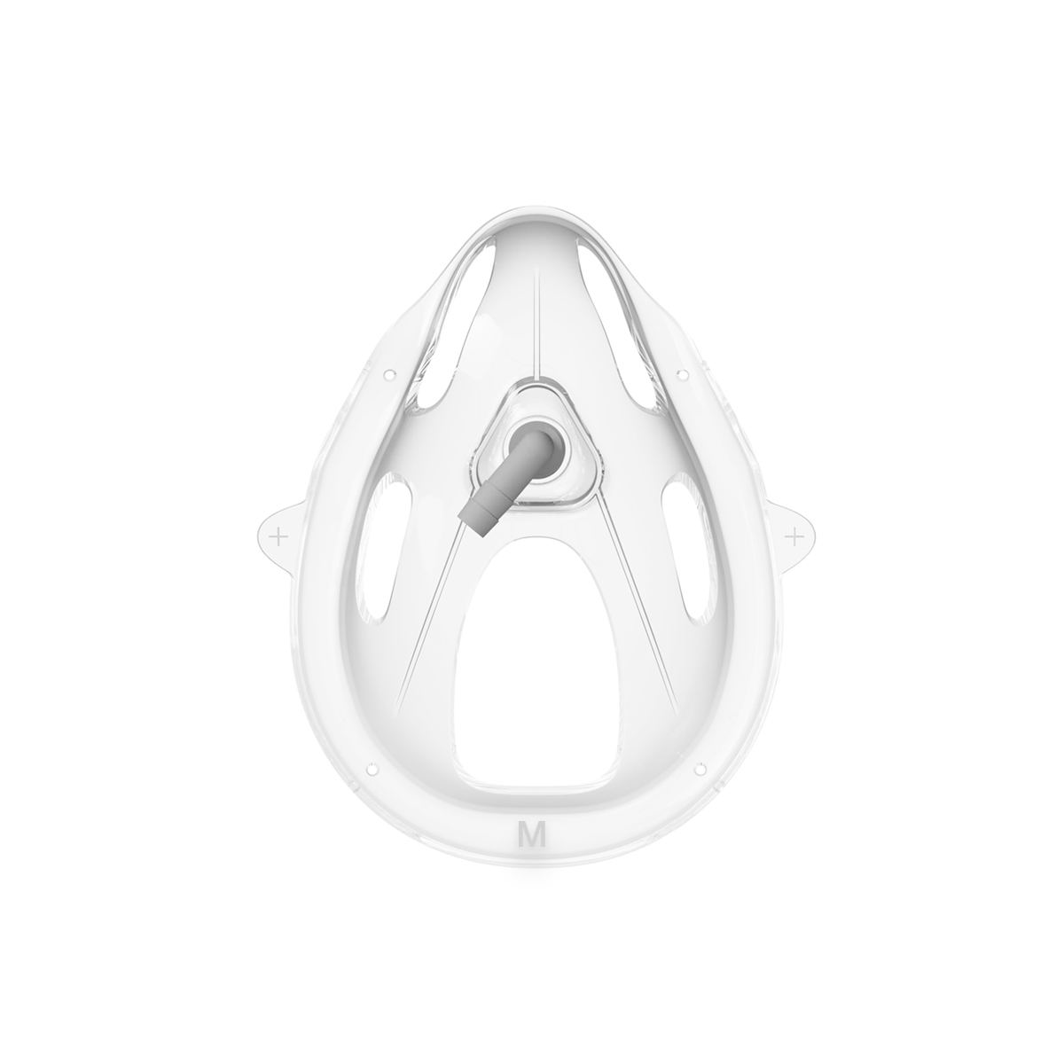 Vit plastansiktsmaskdel med en central ventil och förlängda ventilationsöppningar, märkt "M" längst ner.