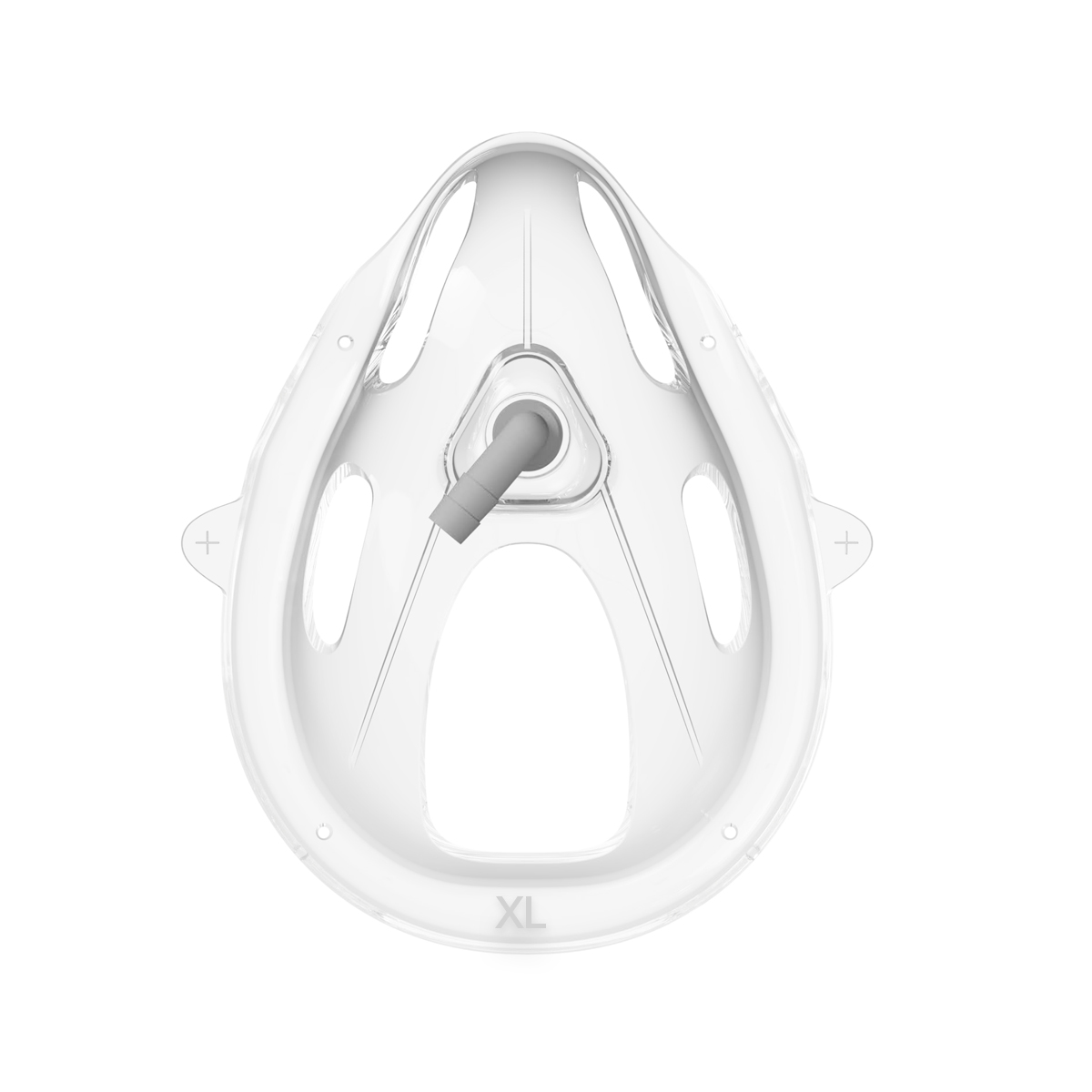 Transparent andningsmask i storlek XL, med utandningsventil och ovala öppningar på sidorna.
