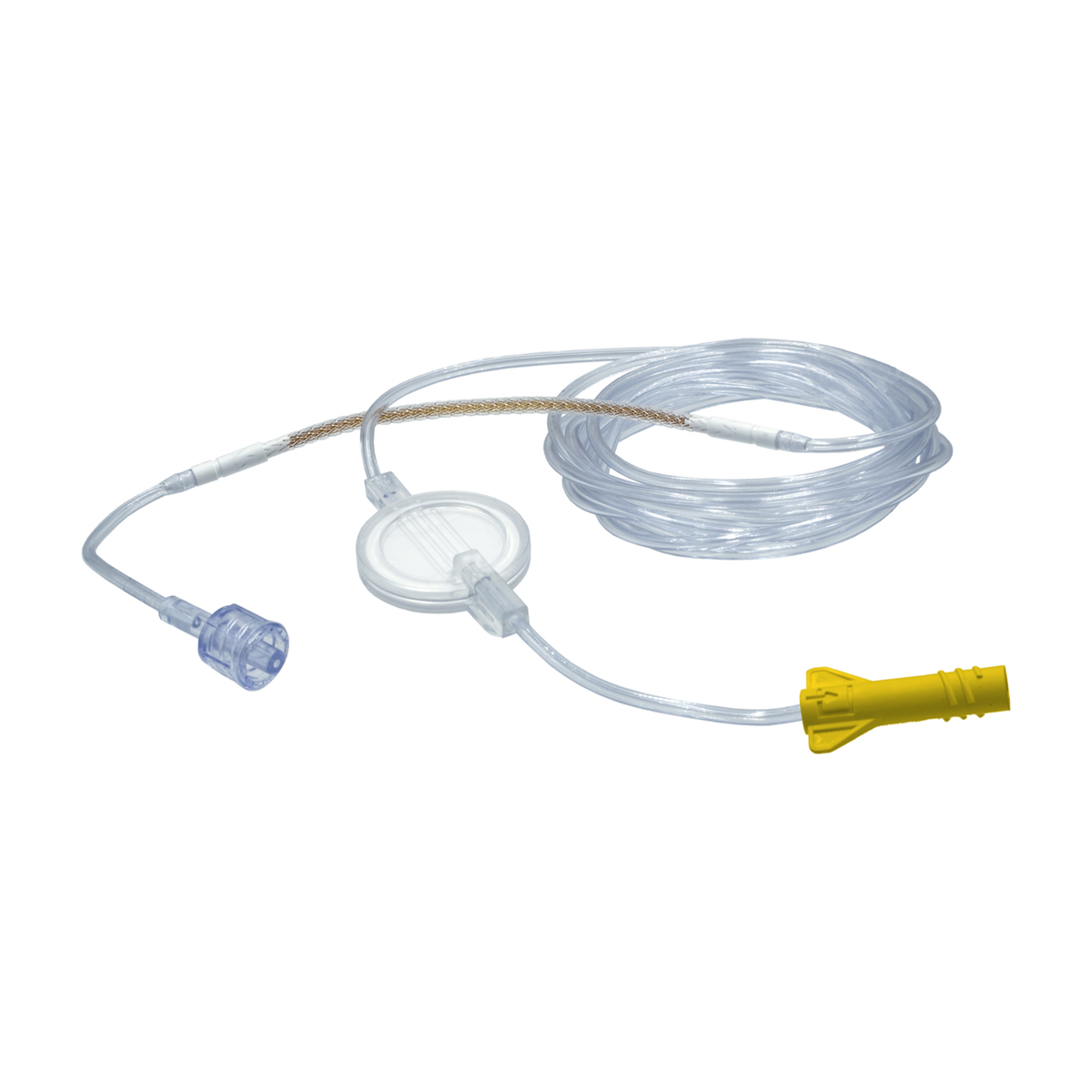 Medicinskt slangset med filter och gul koppling, används inom sjukvård för infusion eller dropp.