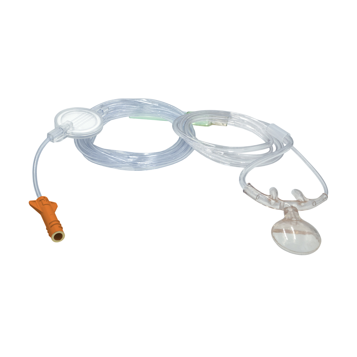 Medicinsk syrgasmask med slang och filter på vit bakgrund.