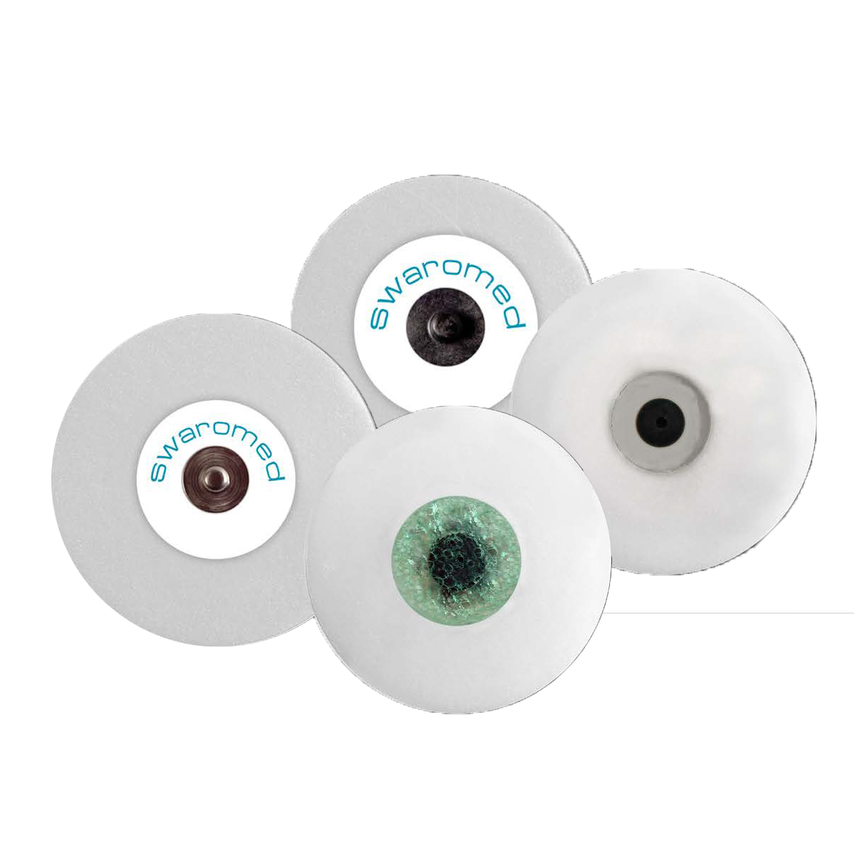 Fyra självhäftande EKG-elektroder med olika utseenden, vissa märkta "swaromed".