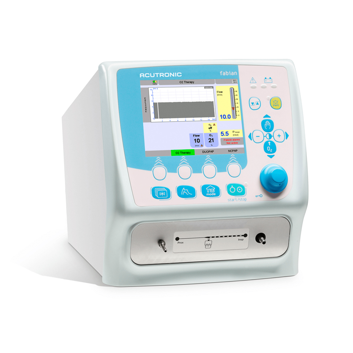 Medicinsk ventilator med färgskärm och kontrollknappar, märkt Acutronic fabian.