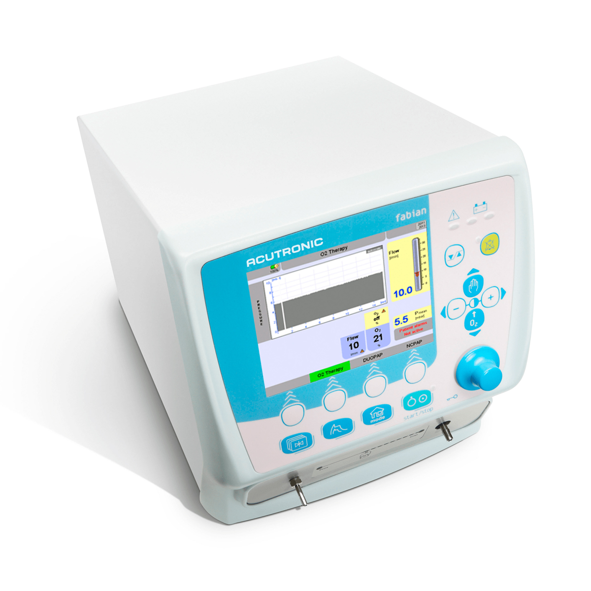 Medicinsk ventilator med digital display och reglage, märkt Acutronic Fabian.