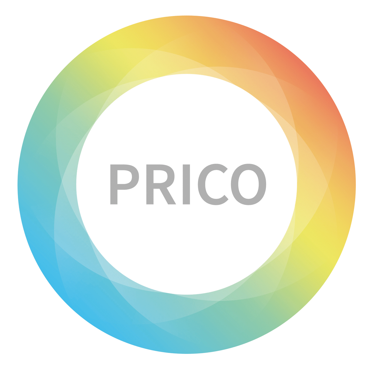 Rund logotyp med texten "PRICO" i mitten, omgiven av regnbågsfärgad cirkel mot vit bakgrund.