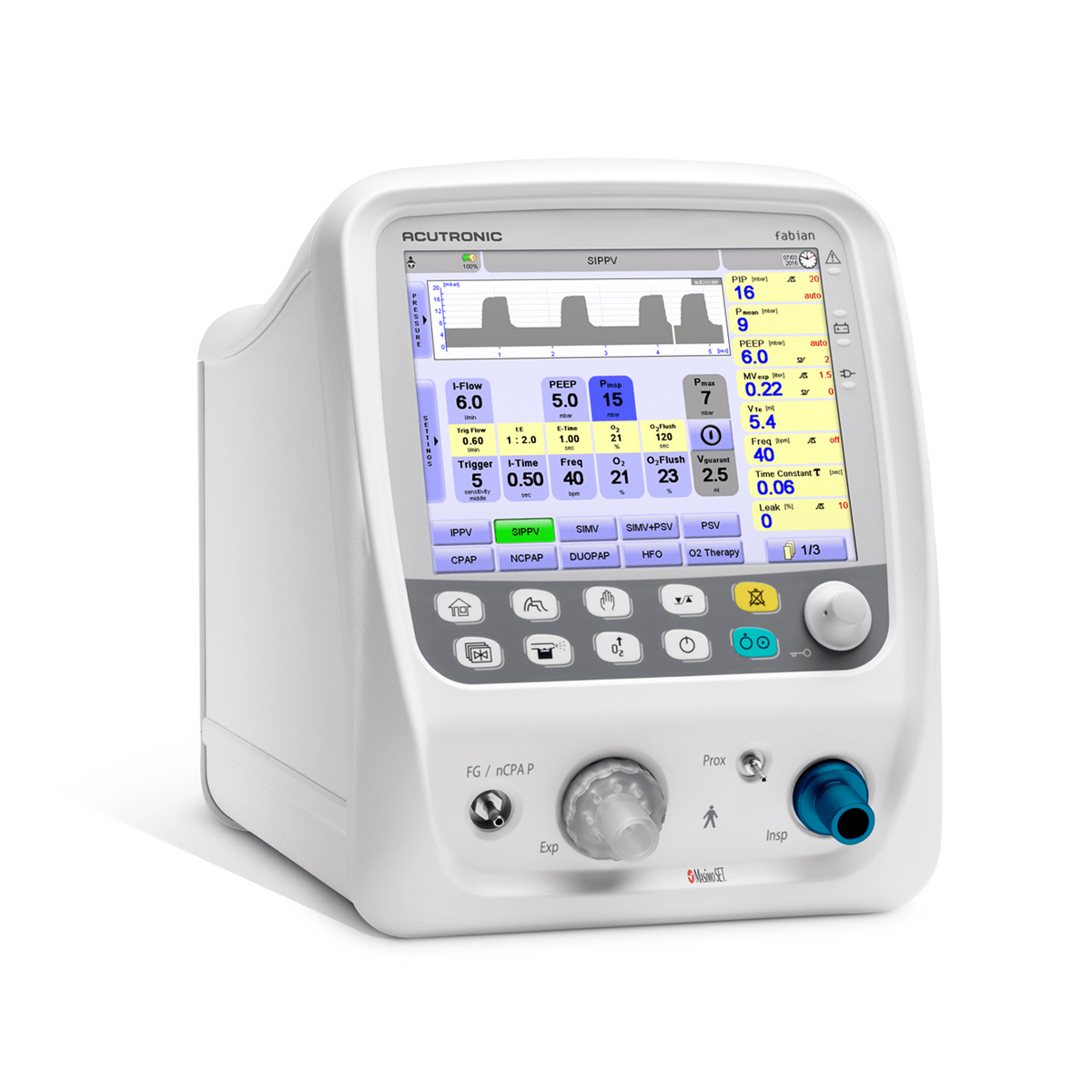 Medicinsk ventilator med färgskärm och knappar, visar olika andningsparametrar och grafer.