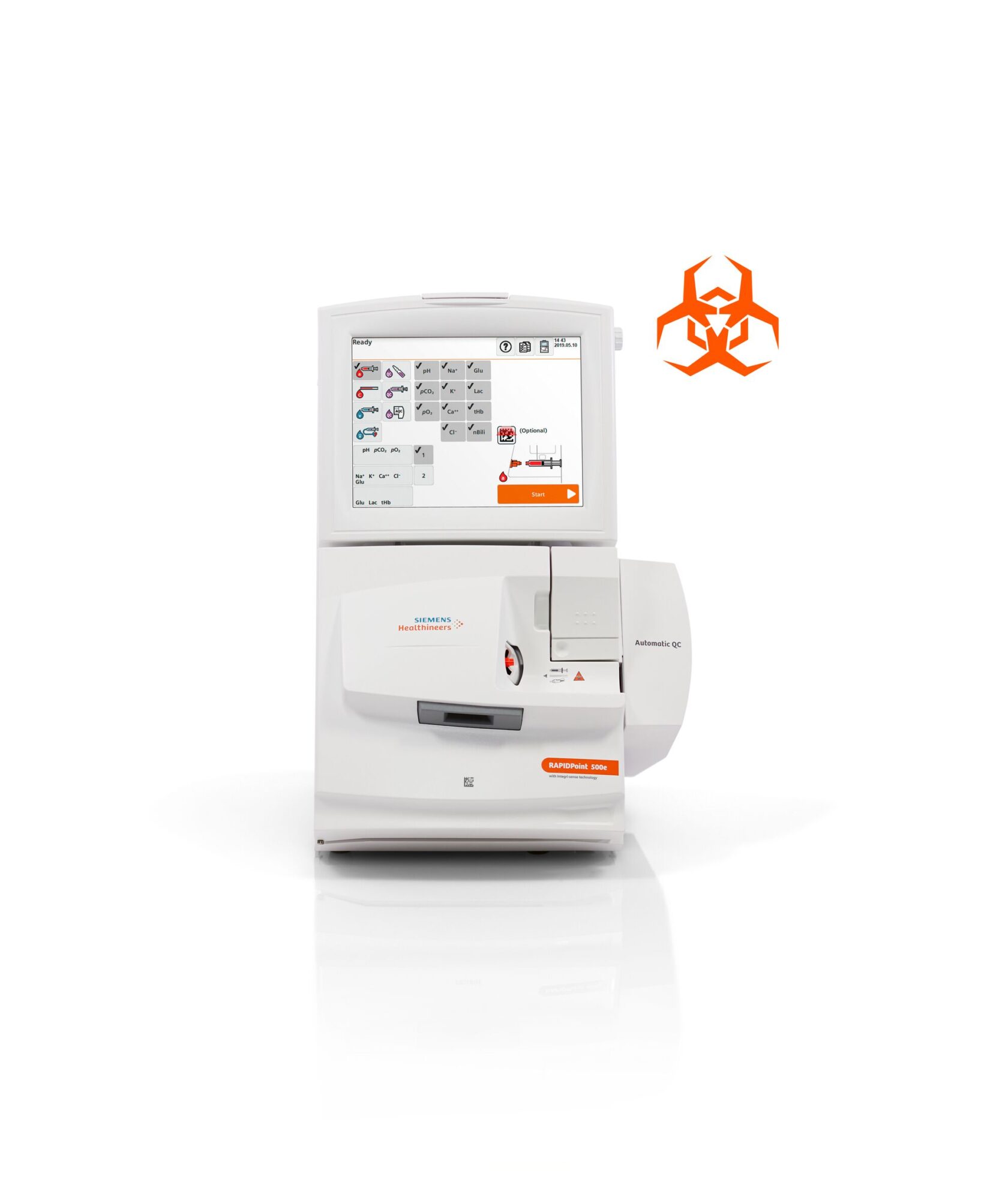 Medicinsk analysemaskin från Siemens Healthineers, display med menyer, biofarlig symbol ovanför.