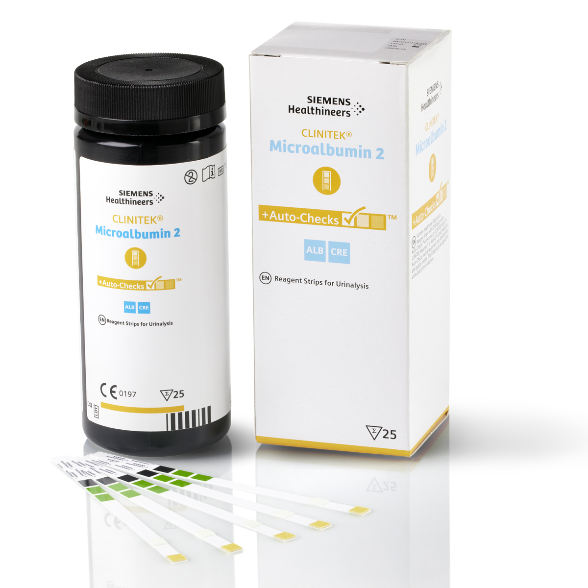Burk och förpackning för Siemens Healthineers Clinitek Microalbumin 2 med urinstickor framför.