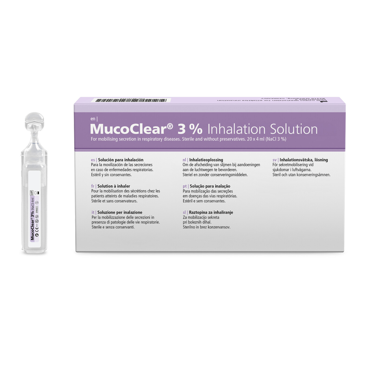 MucoClear 3 % inhalationslösning förpackning med en enstaka ampull bredvid på en vit bakgrund.