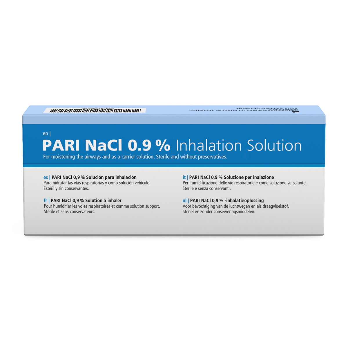 Förpackning med PARI NaCl 0,9% inhalationslösning för luftvägsmjukgörande, steril och konserveringsmedelsfri.